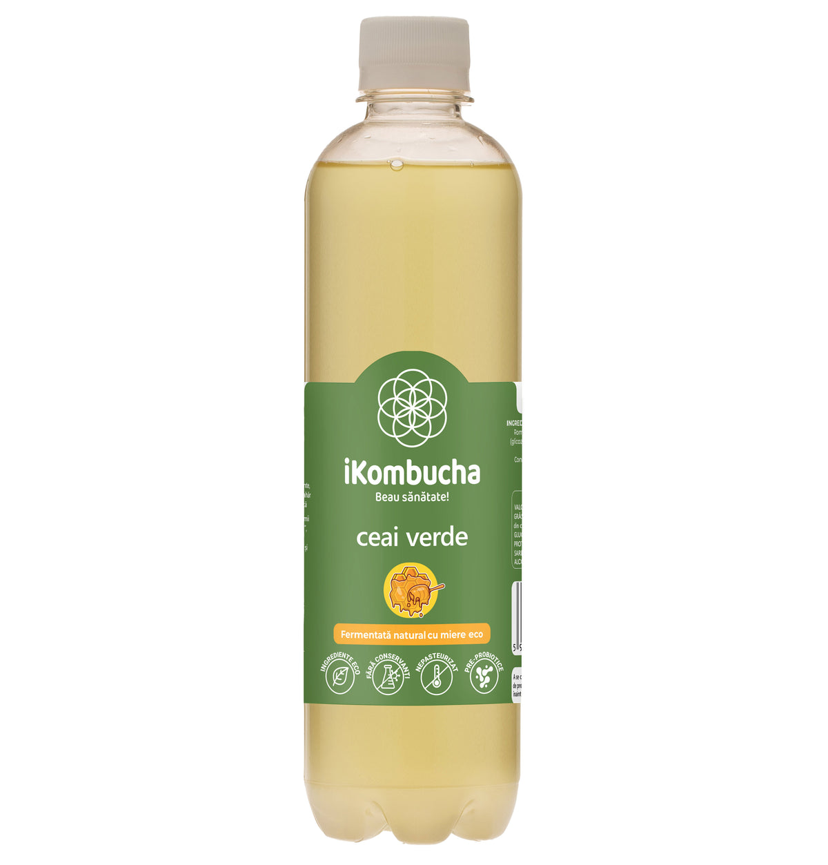 Ceai bio fermentat cu probiotice Kombucha, cu CEAI VERDE, cu bionutrienti, enzime si antioxidanti, pentru rezistenta, pentru digestie si antibalonare, 500 ml, iKombucha