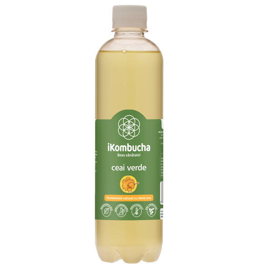 Ceai bio fermentat cu probiotice Kombucha, cu CEAI VERDE, cu bionutrienti, enzime si antioxidanti, pentru rezistenta, pentru digestie si antibalonare, 500 ml, iKombucha