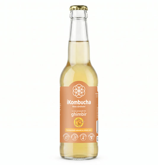 iKombucha, ceai Kombucha cu suc proaspat de GHIMBIR si CEAI VERDE, cu bionutrienti, enzime si antioxidanti, pentru rezistenta, pentru digestie si antibalonare, 330 ml, iKombucha