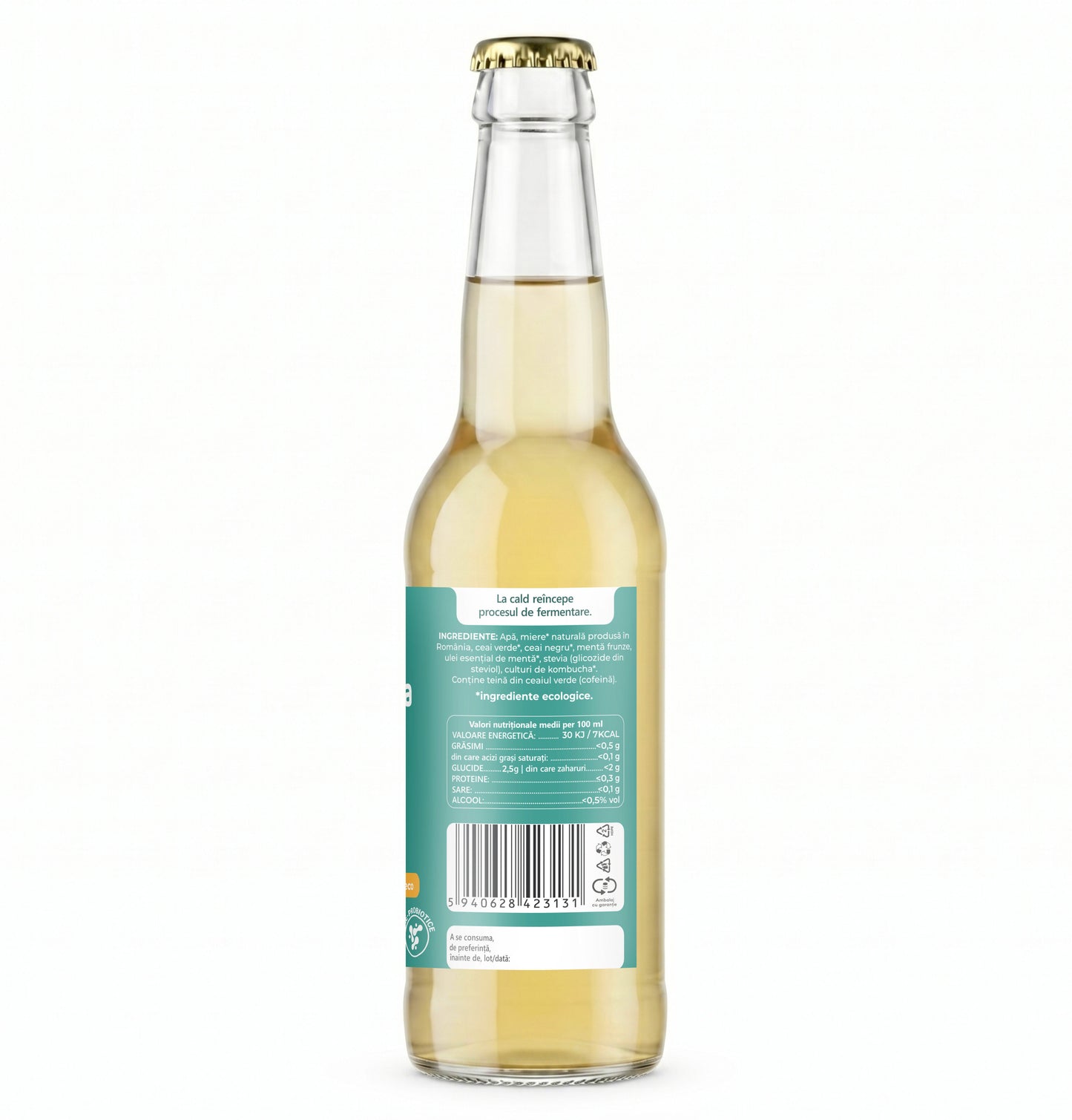 Ceai de kombucha cu probiotice, cu MENTA si miere,  cu vitamine si minerale pentru imunitate si slabire 330 ml, iKombucha