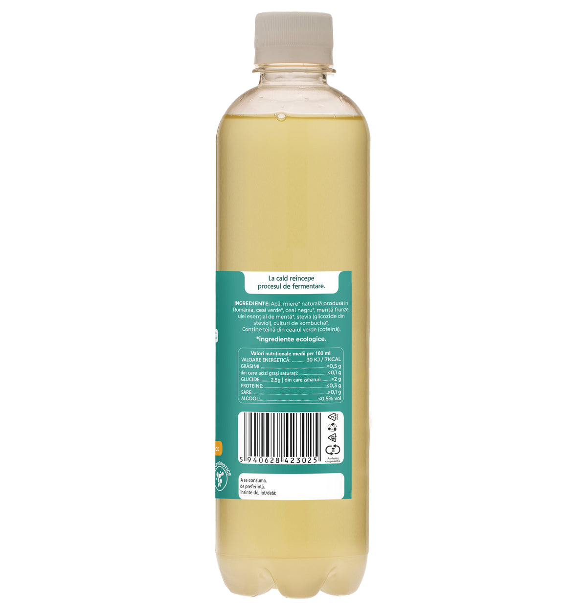 Ceai kombucha cu MENTA, probiotice, cu vitamine si enzime pentru flora intestinala si digestie, 500 ml, iKombucha