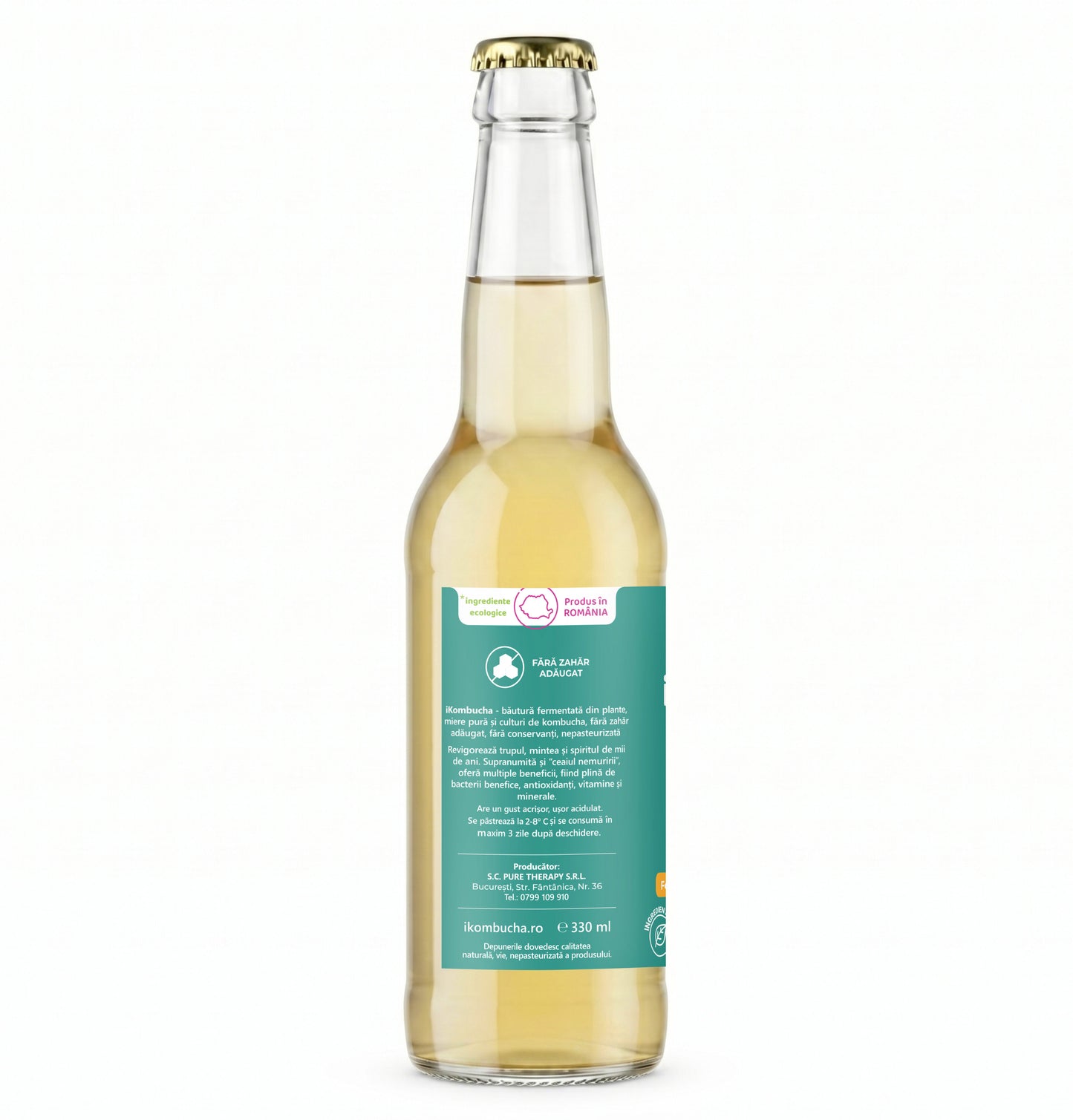 Ceai de kombucha cu probiotice, cu MENTA si miere,  cu vitamine si minerale pentru imunitate si slabire 330 ml, iKombucha