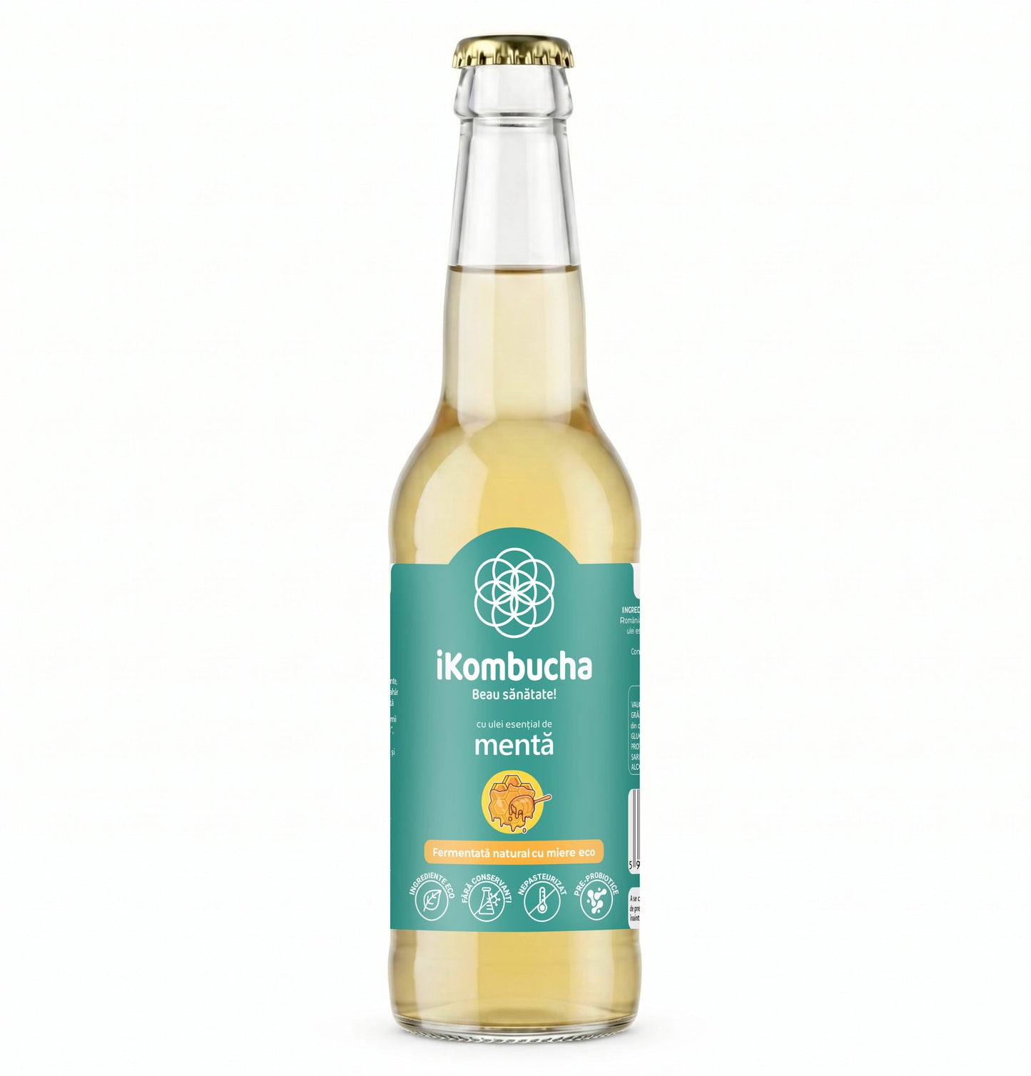 Ceai de kombucha cu probiotice, cu MENTA si miere,  cu vitamine si minerale pentru imunitate si slabire 330 ml, iKombucha