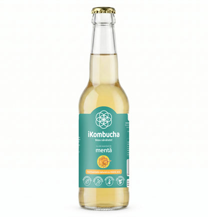 Ceai de kombucha cu probiotice, cu MENTA si miere,  cu vitamine si minerale pentru imunitate si slabire 330 ml, iKombucha