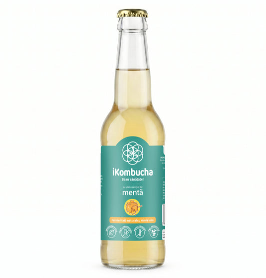 Ceai de kombucha cu probiotice, cu MENTA si miere,  cu vitamine si minerale pentru imunitate si slabire 330 ml, iKombucha
