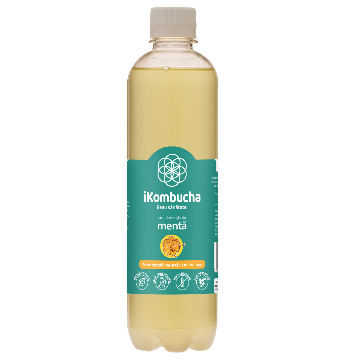 Ceai kombucha cu MENTA, probiotice, cu vitamine si enzime pentru flora intestinala si digestie, 500 ml, iKombucha