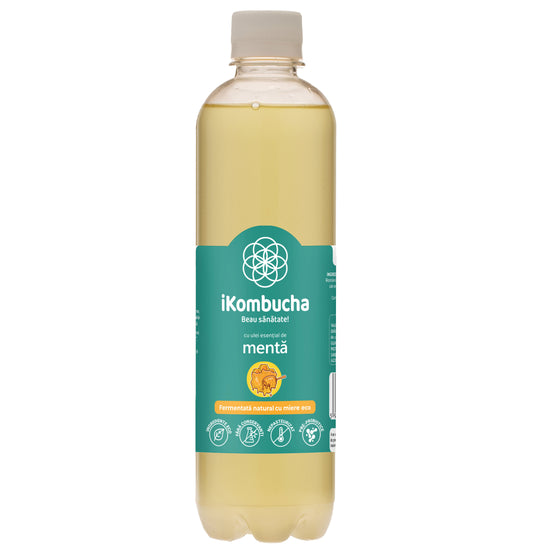Ceai kombucha cu MENTA, probiotice, cu vitamine si enzime pentru flora intestinala si digestie, 500 ml, iKombucha