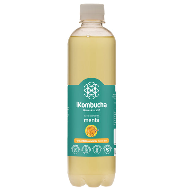 Ceai kombucha cu MENTA, probiotice, cu vitamine si enzime pentru flora intestinala si digestie, 500 ml, iKombucha