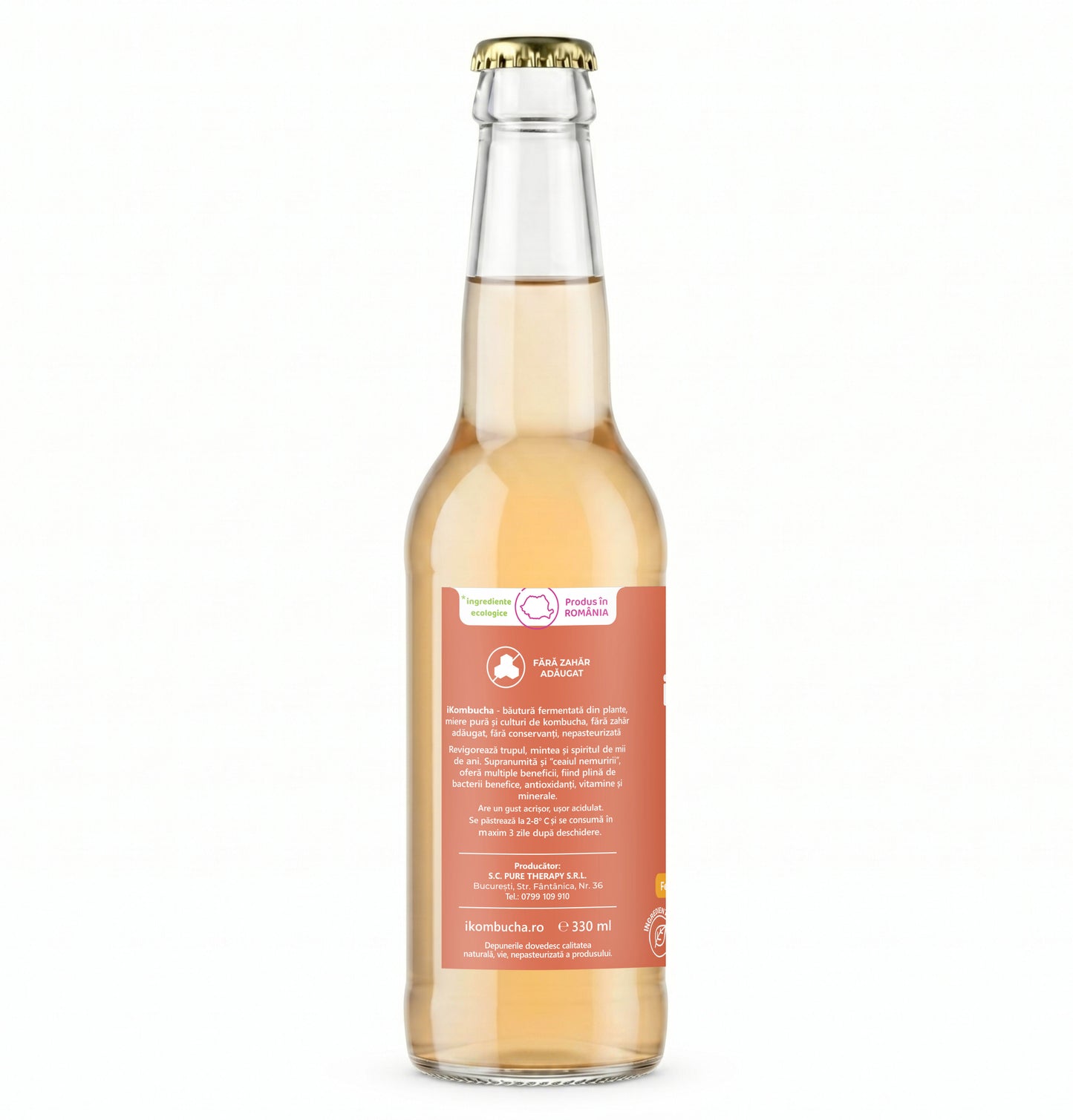 Ceai probiotic fermentat cu Kombucha, cu ceai ROOIBOS, enzime si antioxidanti, pentru flora, arderea grasimilor si imunitate, fara zahar, 330 ml iKombucha