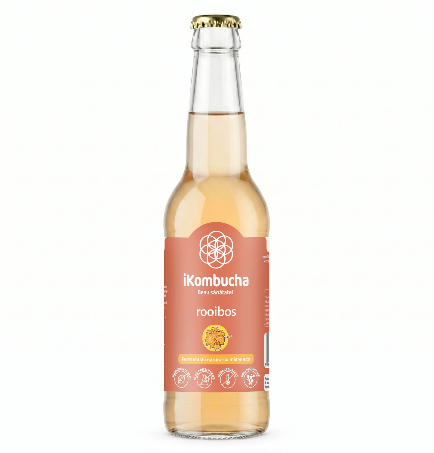 Ceai probiotic fermentat cu Kombucha, cu ceai ROOIBOS, enzime si antioxidanti, pentru flora, arderea grasimilor si imunitate, fara zahar, 330 ml iKombucha
