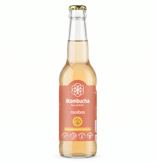 Ceai probiotic fermentat cu Kombucha, cu ceai ROOIBOS, enzime si antioxidanti, pentru flora, arderea grasimilor si imunitate, fara zahar, 330 ml iKombucha