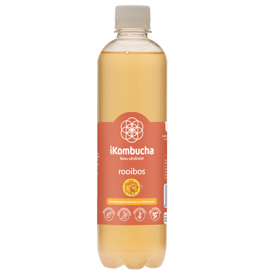 Bautura digestiva cu probiotice Kombucha, cu ceai ROOIBOS, cu antioxidanti si minerale cu beneficii pentru rezistenta si flora intestinala, 500 ml, iKombucha