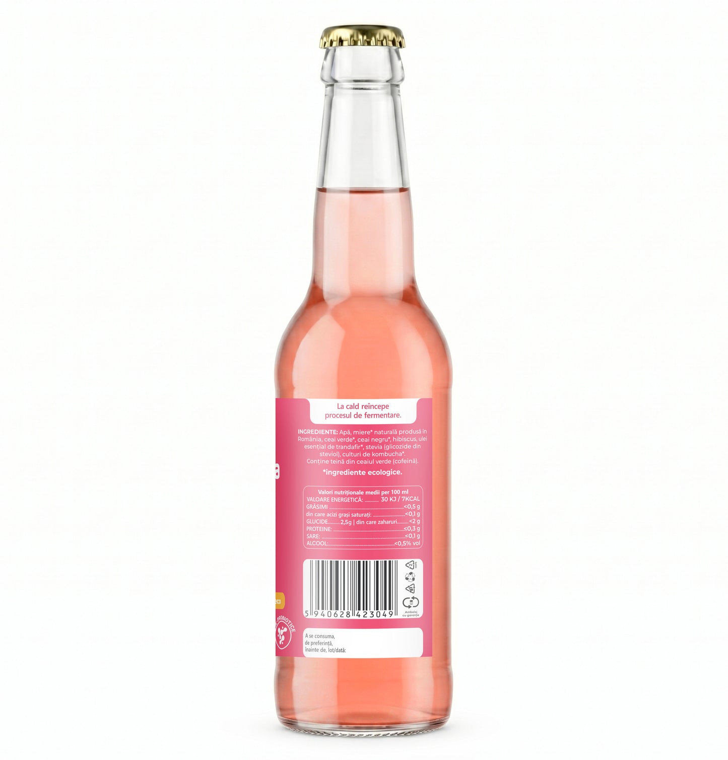 Ceai Kombucha, cu TRANDAFIR si HIBISCUS, cu continut ridicat de probiotice,enzime si antioxidanti, cu beneficii pentru imunitate si arderea grasimilor, 330 ml, iKombucha