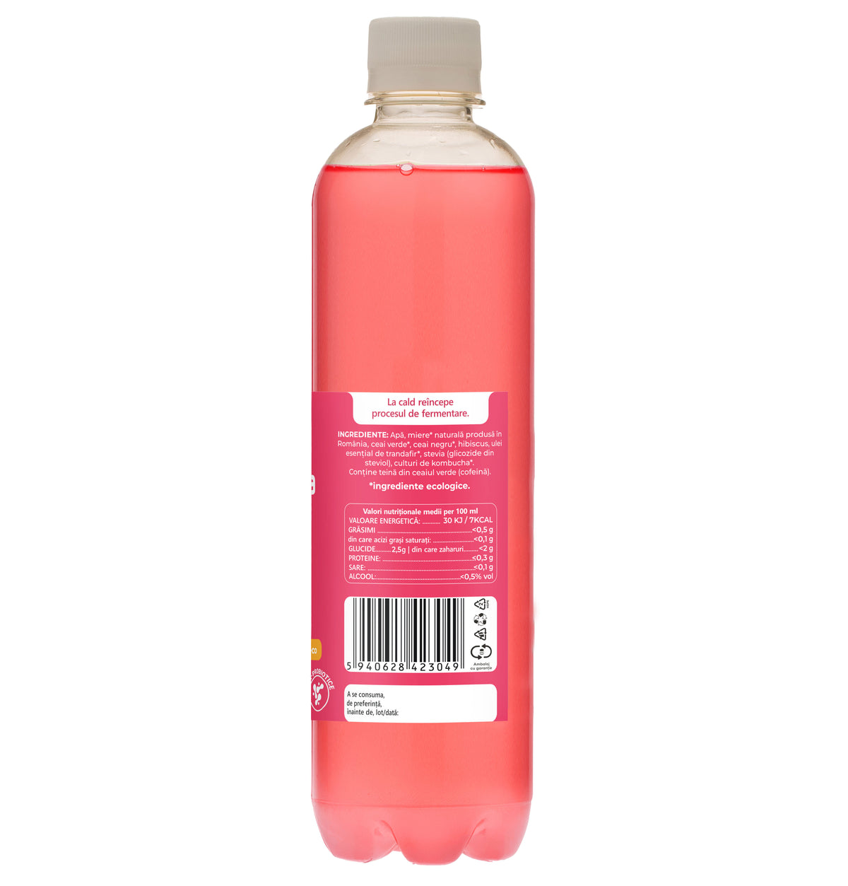 Ceai Kombucha fara zahar, cu TRANDAFIR si HIBISCUS, cu probiotice, vitamine si enzime pentru digestie si reducerea inflamatiei, 500 ml, iKombucha