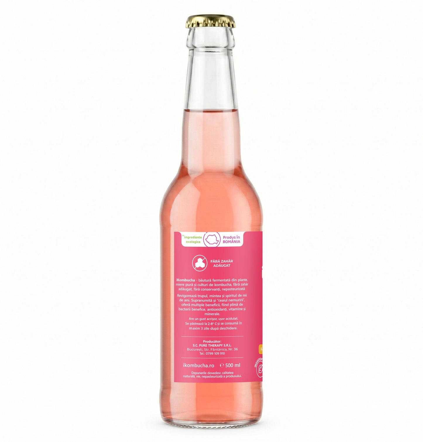 Ceai Kombucha, cu TRANDAFIR si HIBISCUS, cu continut ridicat de probiotice,enzime si antioxidanti, cu beneficii pentru imunitate si arderea grasimilor, 330 ml, iKombucha