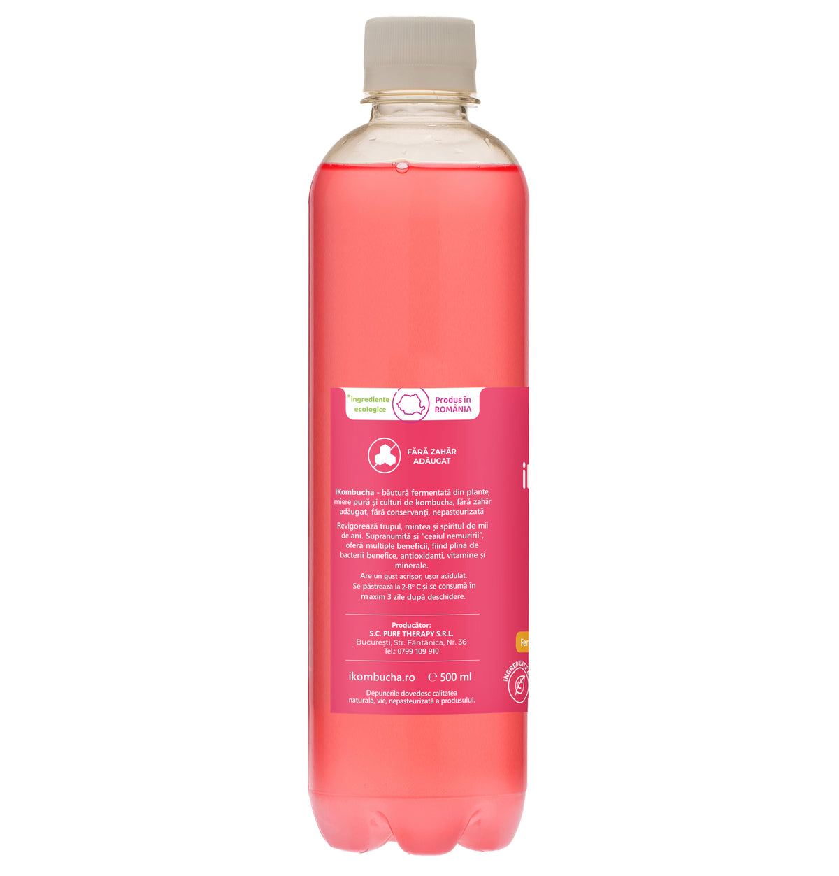 Ceai Kombucha fara zahar, cu TRANDAFIR si HIBISCUS, cu probiotice, vitamine si enzime pentru digestie si reducerea inflamatiei, 500 ml, iKombucha