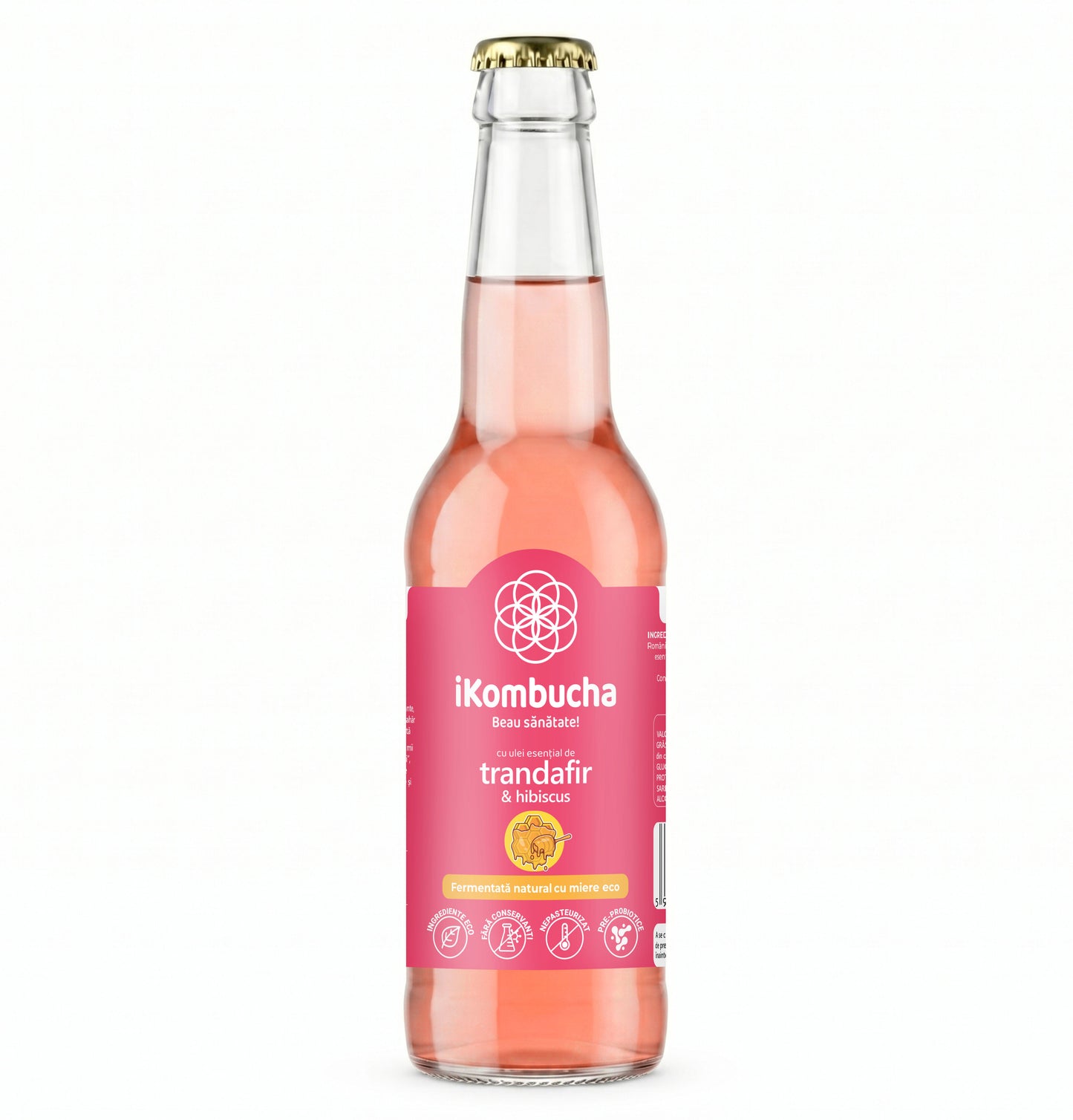 Ceai Kombucha, cu TRANDAFIR si HIBISCUS, cu continut ridicat de probiotice,enzime si antioxidanti, cu beneficii pentru imunitate si arderea grasimilor, 330 ml, iKombucha