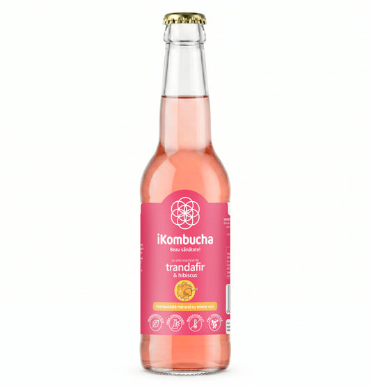 Ceai Kombucha, cu TRANDAFIR si HIBISCUS, cu continut ridicat de probiotice,enzime si antioxidanti, cu beneficii pentru imunitate si arderea grasimilor, 330 ml, iKombucha