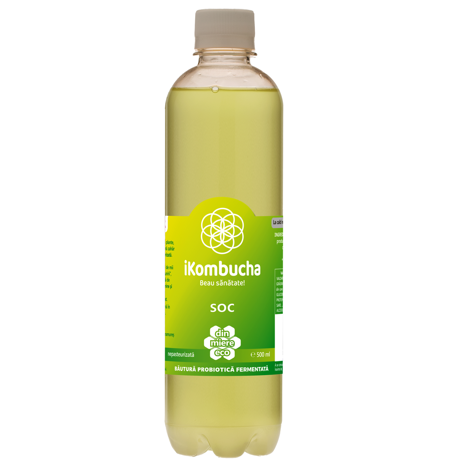 Ceai bio fermentat cu probiotice Kombucha, cu SOC, cu enzime pentru slabire si rezistenta, fara zahar, 500 ml, iKombucha