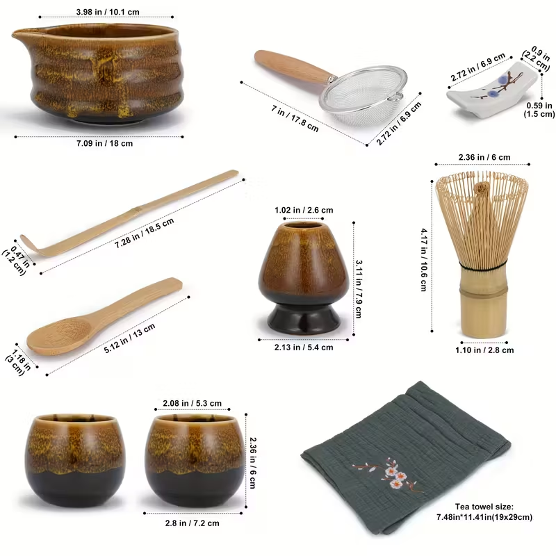Kit Premium pentru Preparare Matcha – Set 10 Piese din Ceramică, Inox și Bambus