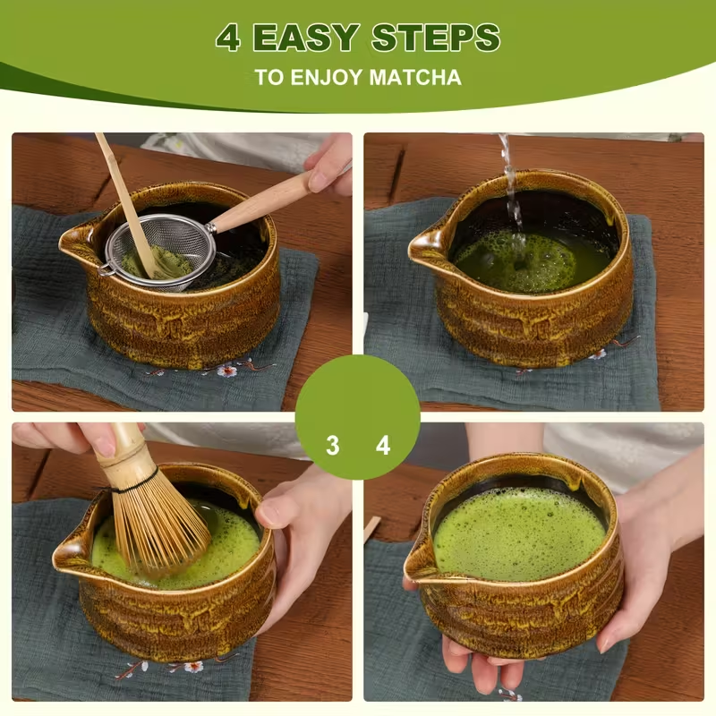 Kit Premium pentru Preparare Matcha – Set 10 Piese din Ceramică, Inox și Bambus