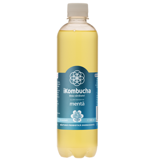 Ceai kombucha cu MENTA, probiotice, cu vitamine si enzime pentru flora intestinala si digestie, 500 ml, iKombucha