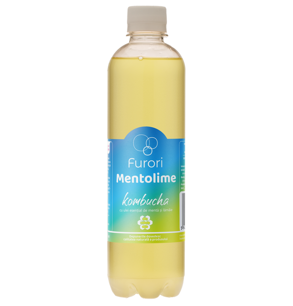 Bautura racoritoare acidulata pe baza de Kombucha, cu ulei esential de MENTA si LAMAIE, 500 ml, Furori