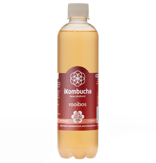 Bautura digestiva cu probiotice Kombucha, cu ceai ROOIBOS, cu antioxidanti si minerale cu beneficii pentru rezistenta si flora intestinala, 500 ml, iKombucha