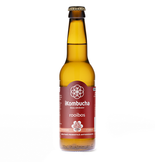 Ceai probiotic fermentat cu Kombucha, cu ceai ROOIBOS, enzime si antioxidanti, pentru flora, arderea grasimilor si imunitate, fara zahar, 330 ml iKombucha