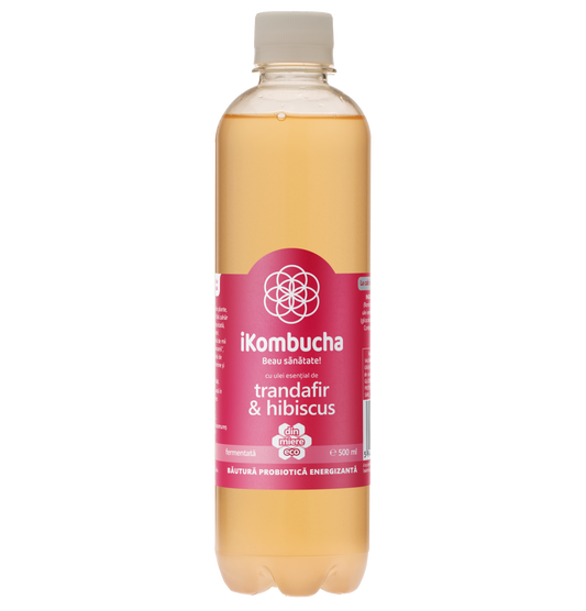 Ceai Kombucha fara zahar, cu TRANDAFIR si HIBISCUS, cu probiotice, vitamine si enzime pentru digestie si reducerea inflamatiei, 500 ml, iKombucha