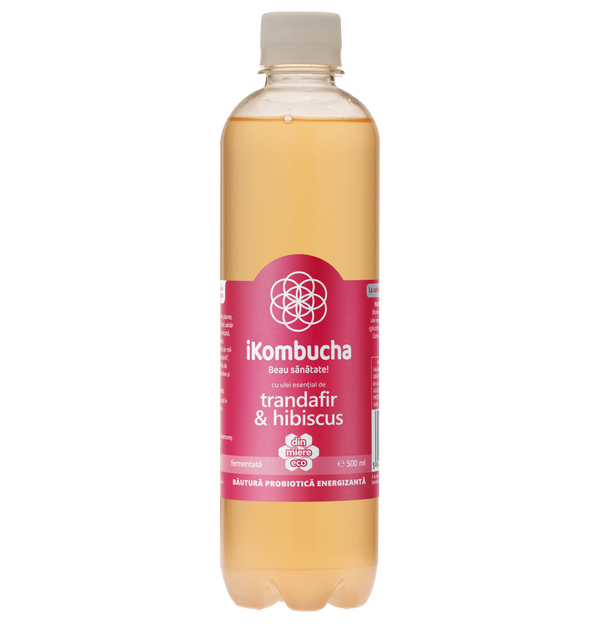 Ceai Kombucha fara zahar, cu TRANDAFIR si HIBISCUS, cu probiotice, vitamine si enzime pentru digestie si reducerea inflamatiei, 500 ml, iKombucha